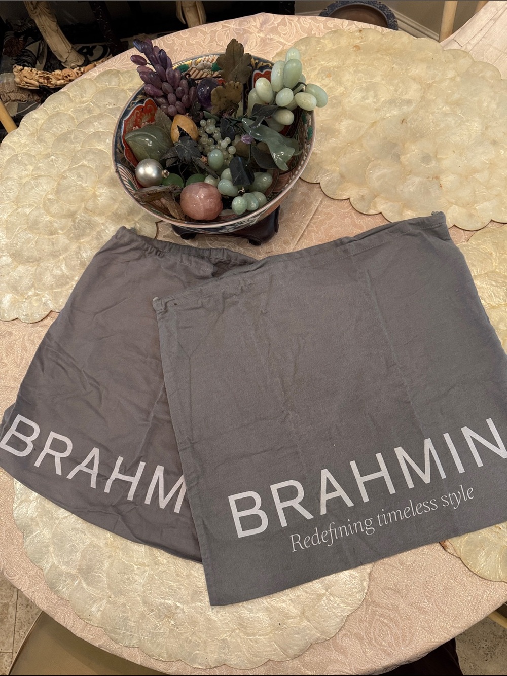 Two Large Brahmin Gray Fabric Drawstring Handbag Dust Bag Covers 17” x 18”